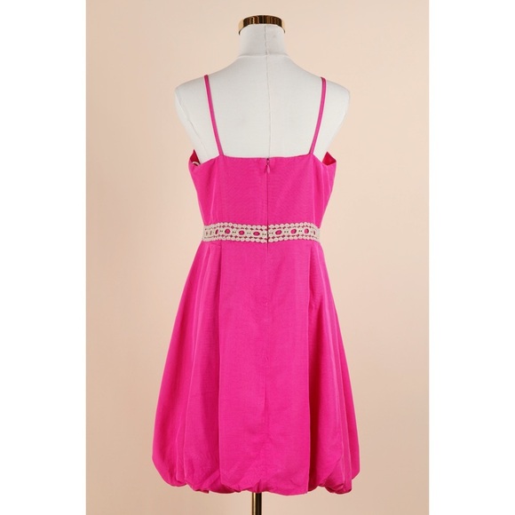 Sz 10 Tommy Hilfiger Raspberry Pink Textured Gold Lace Trim Mini Cocktail Dress - Picture 4 of 5